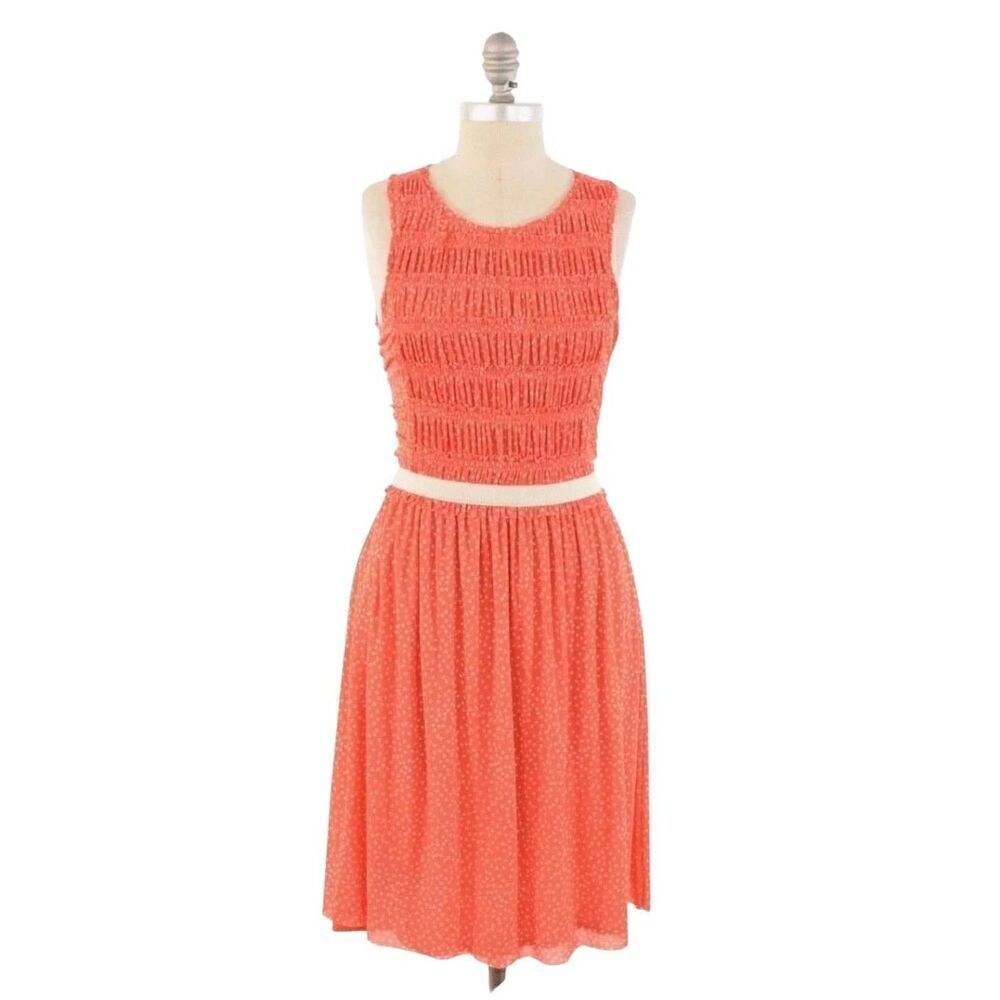 Anthropologie Women's Orange Beige Dotted Mesh Sleeveless Sundress